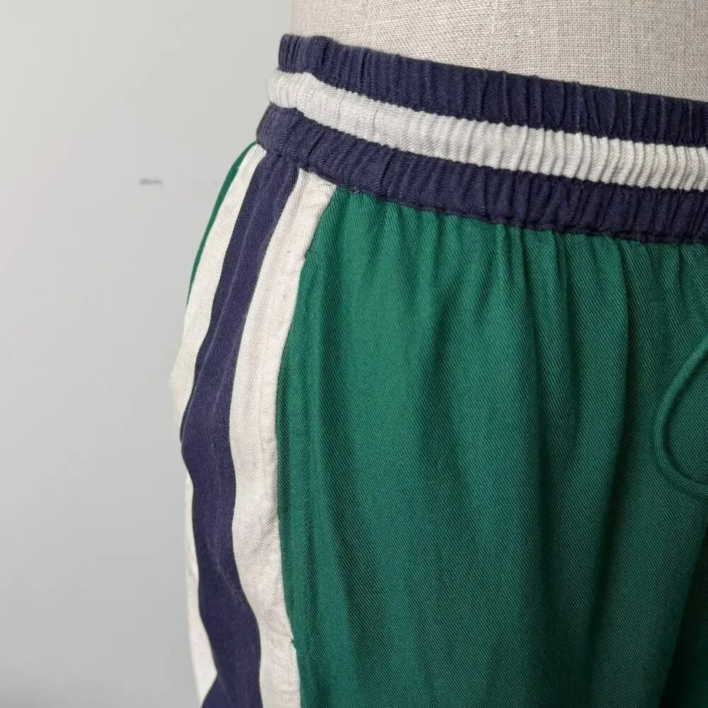 Farm Rio x Anthropologie Green Navy Wide Leg Track Pants Striped Drawstring S - Picture 16 of 16